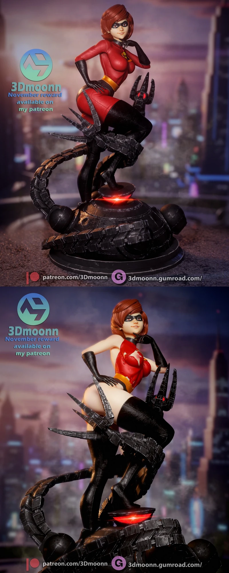 Elastigirl in a red suit posed on a mechanical tentacle display base