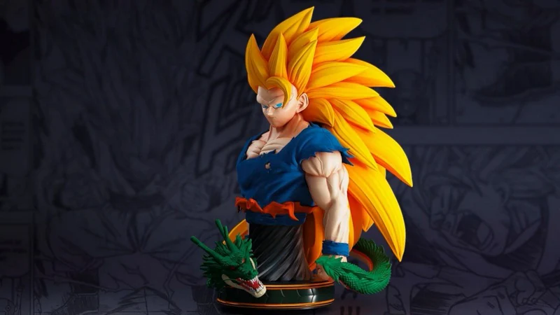 Goku Super Saiyan 3 bust with long golden hair and a green dragon on a display base