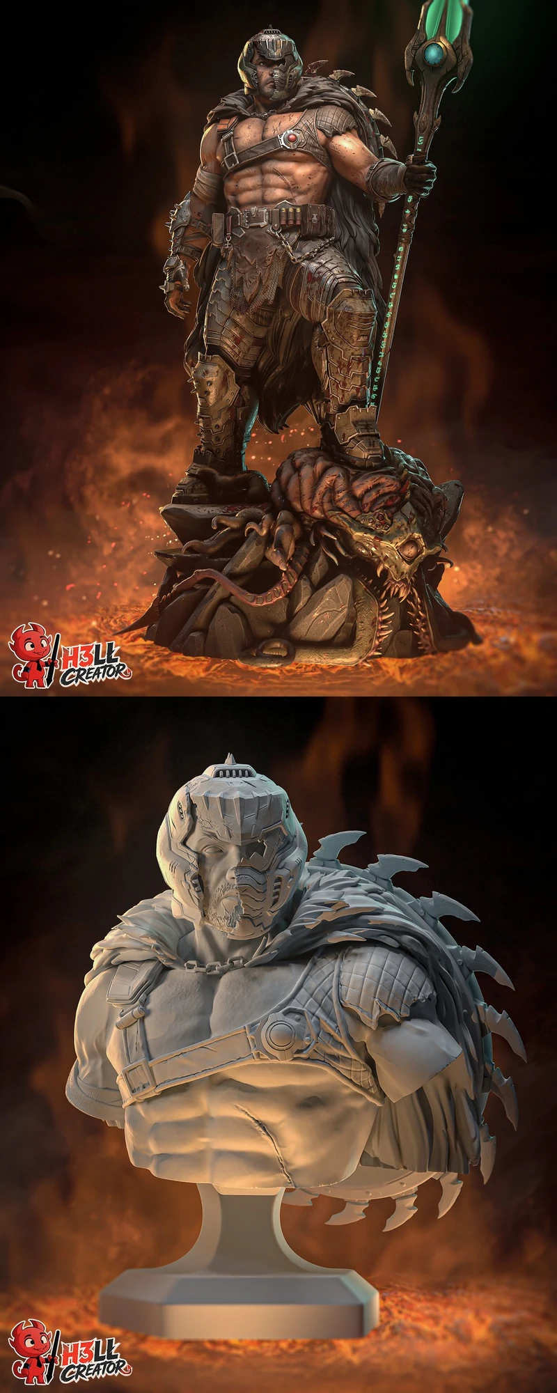 DOOM Slayer armored figure holding an ornate weapon on a demon-themed base