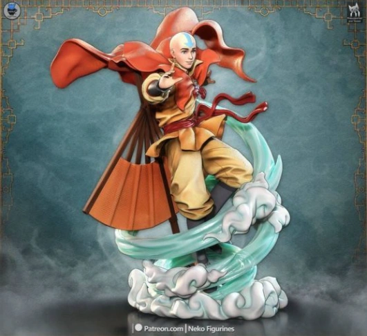 Aang airbending figurine with red cloak above swirling clouds