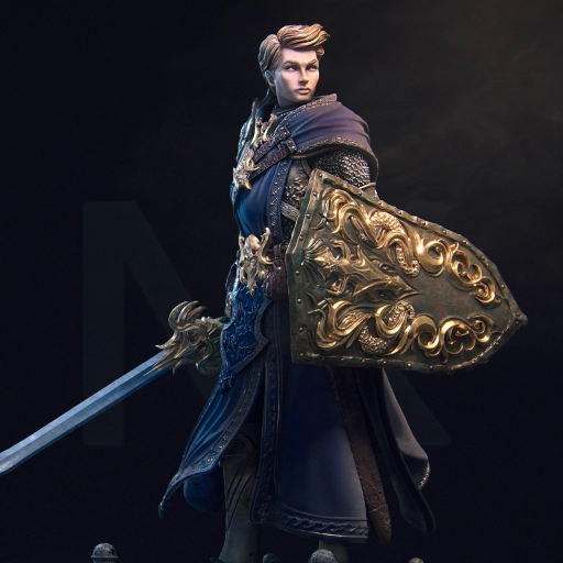 Aaron fantasy warrior statue with ornate shield, sword, armor, and flowing cloak