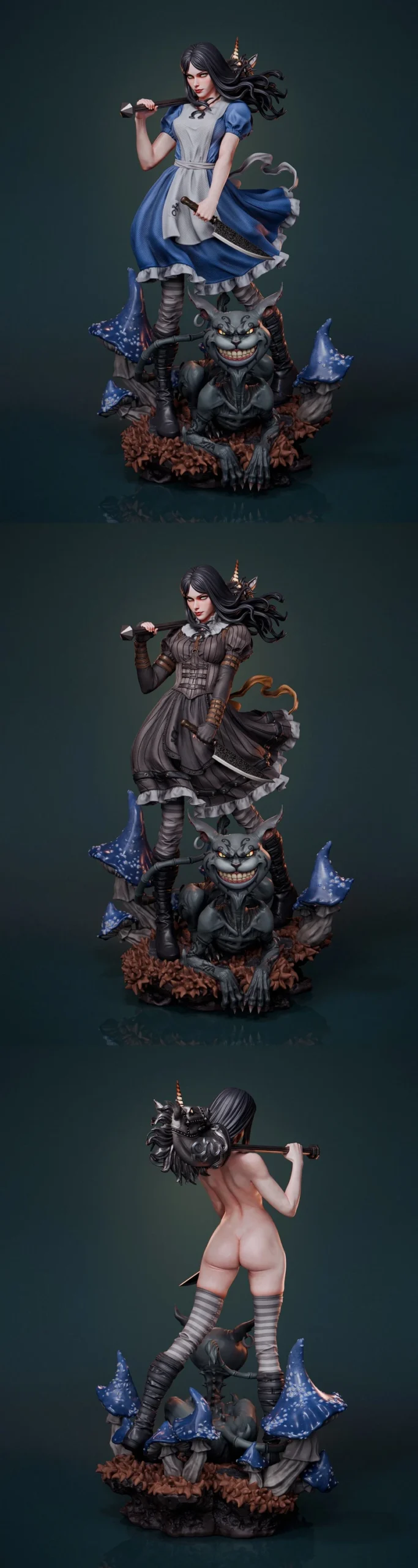 Alice Liddell statue with Cheshire creature, knives, mushrooms, and a detailed base