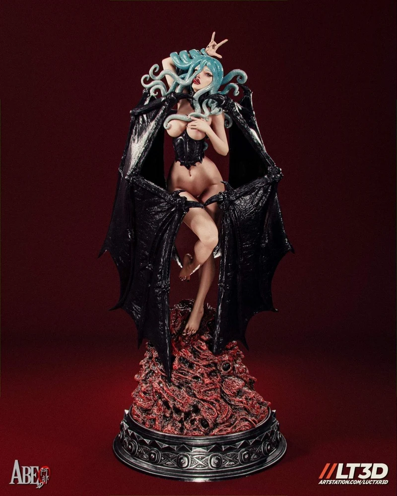 Slan from Berserk with tentacle-like hair, black wings, and an ornate pedestal