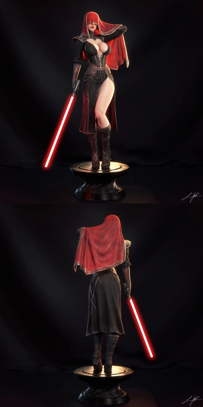 Hooded female character statue with a red lightsaber on a display base