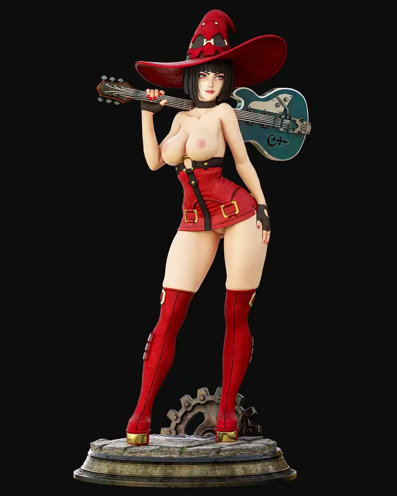 I-No from Guilty Gear with a red witch hat, guitar, boots, and gear base