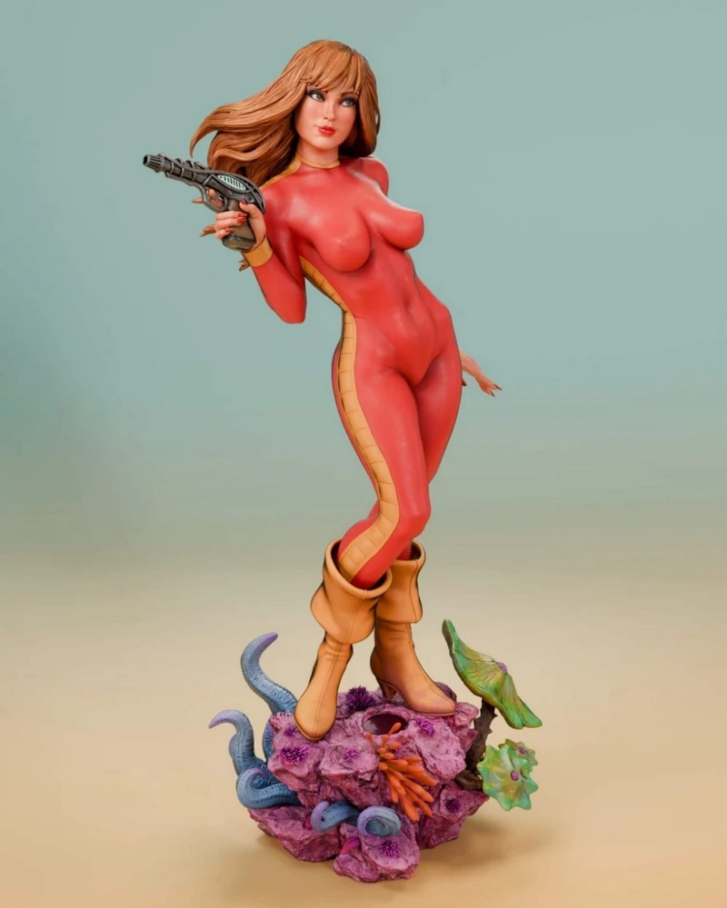 Barbarella figurine with ray gun, red bodysuit, boots, and alien-themed base