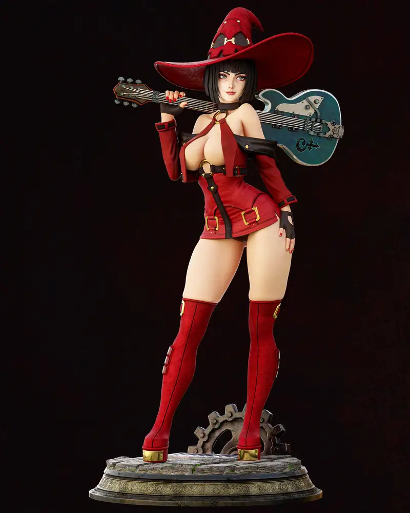 I-No from Guilty Gear in a red witch hat with guitar, boots and a display pedestal