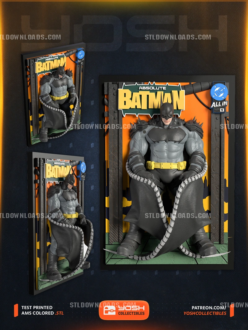 Absolute Batman seated in a framed comic-style 3D display with yellow utility belt