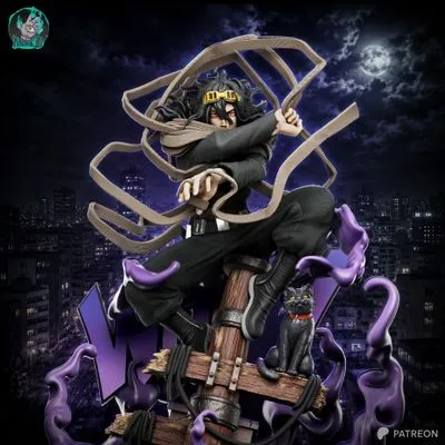 Shota Aizawa in a dark hero costume with a flowing capture scarf and purple effects
