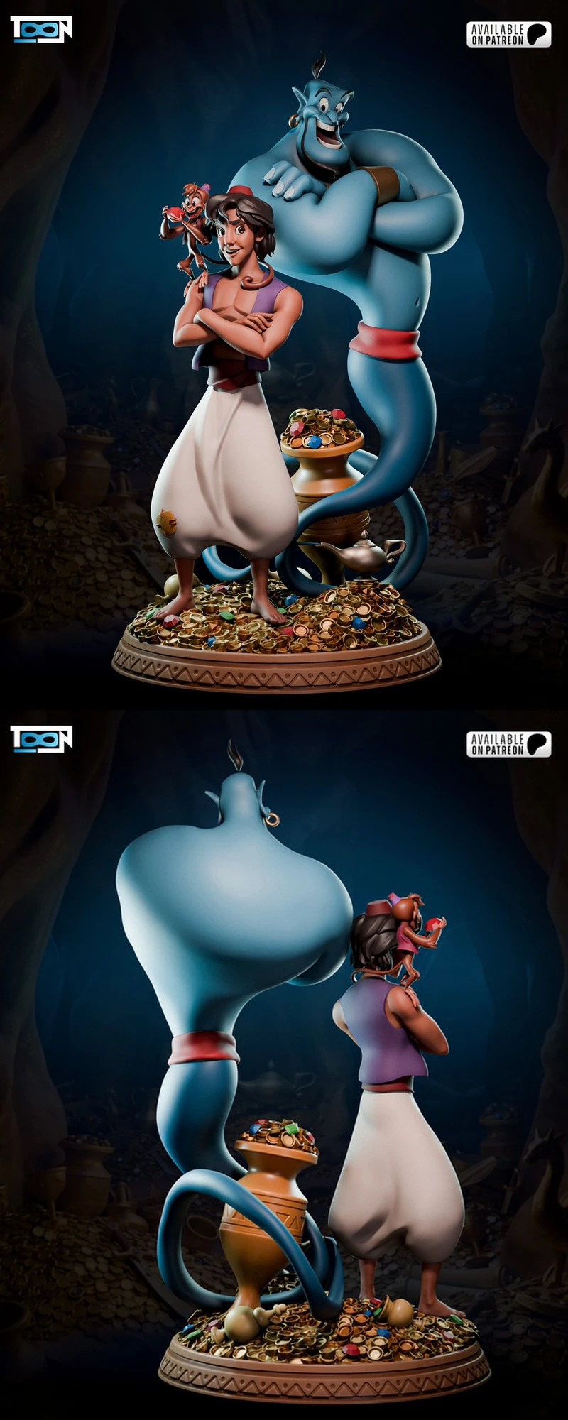 Aladdin, Genie, Abu and magic lamp 3D display model on a treasure-covered base
