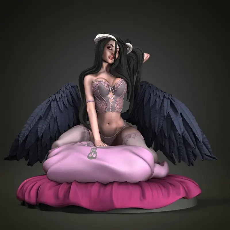 Seated horned winged female figure on pink cushions and a circular base