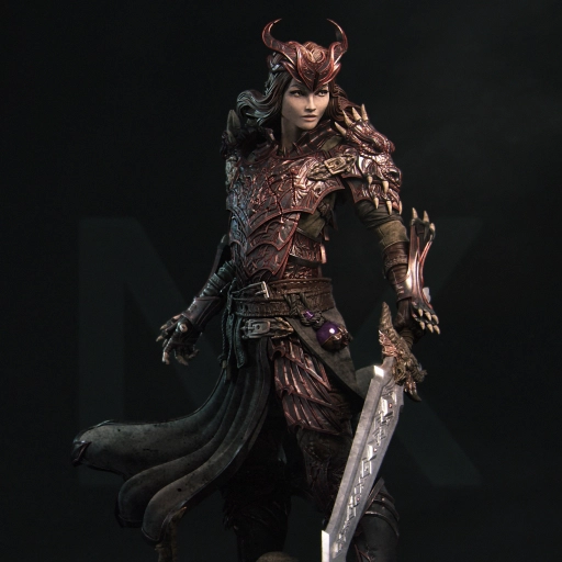 Aleehra Standing original fantasy warrior figure with horns, armor, flowing hair, and sword