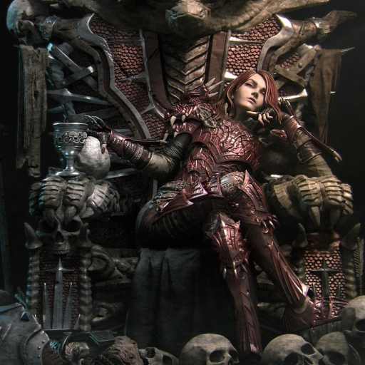 Aleehra the Dragon Knight seated in ornate red armor on a carved fantasy throne