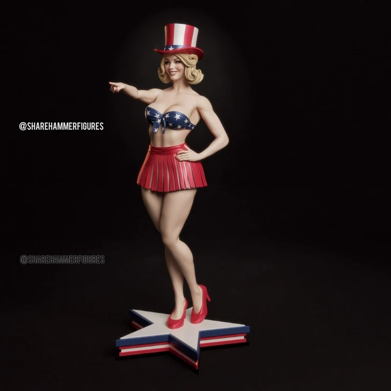 Patriotic pin-up figurine wearing a striped top hat on a star-shaped base