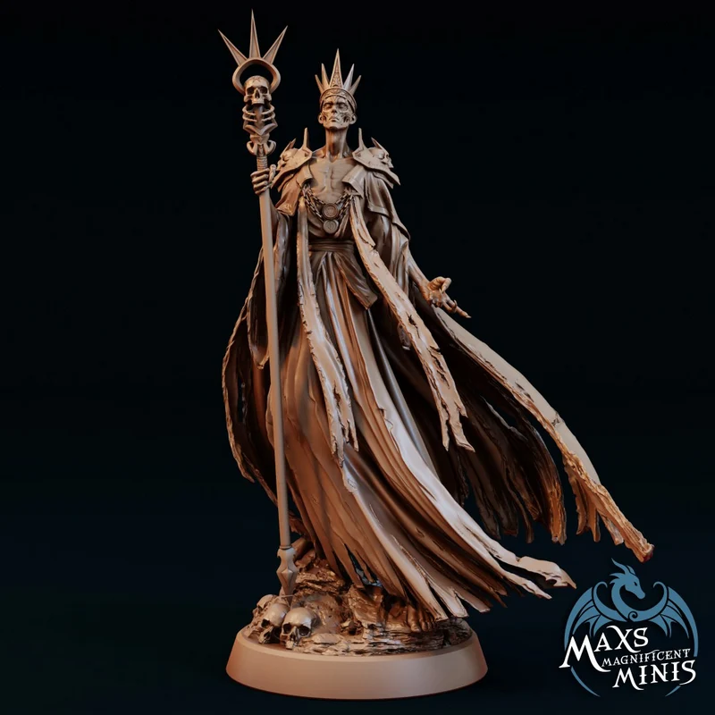 Anderoth fantasy character statue with crown, skull staff, armor, cloak, and display base