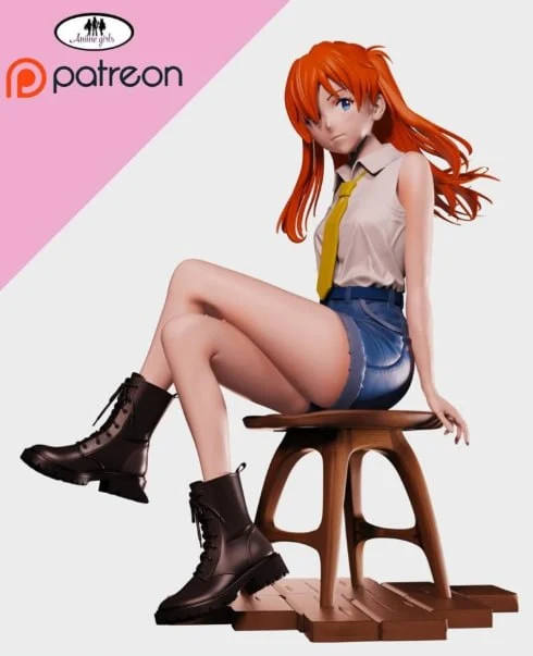 Asuka Langley seated on a wooden stool base, wearing a white blouse, yellow tie, denim shorts and black boots