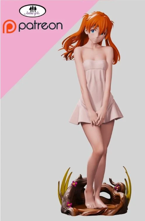 Asuka Langley anime figure in a pale dress on an ornate hair and gold display base