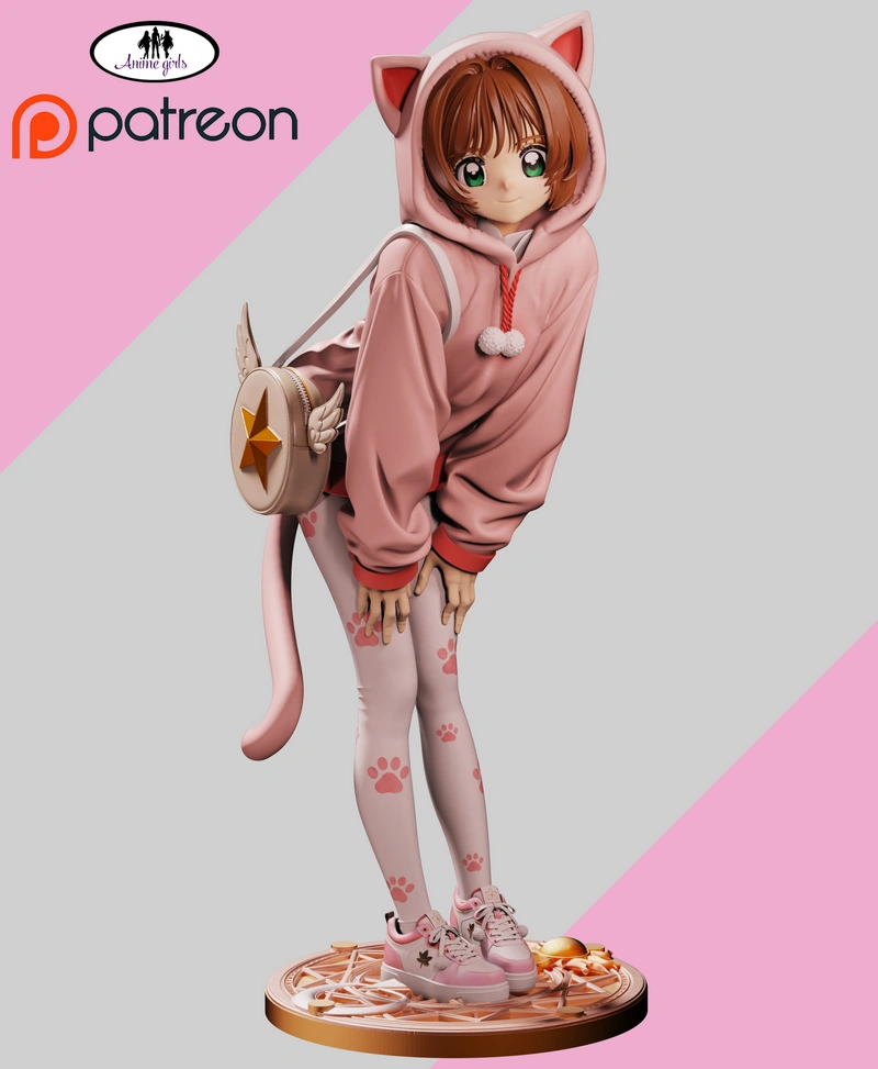 Sakura original character in a pink cat-eared hoodie on a display base
