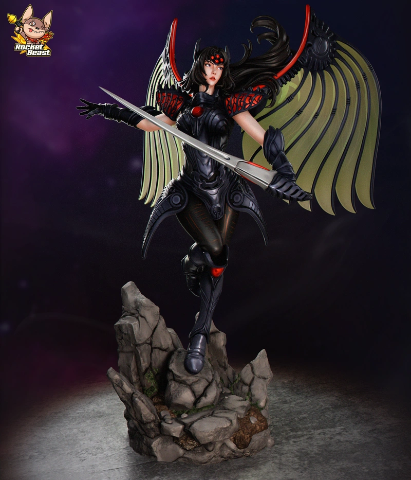 Rose Dragoon Armor statue with wings, blade, dark armor, and rocky base