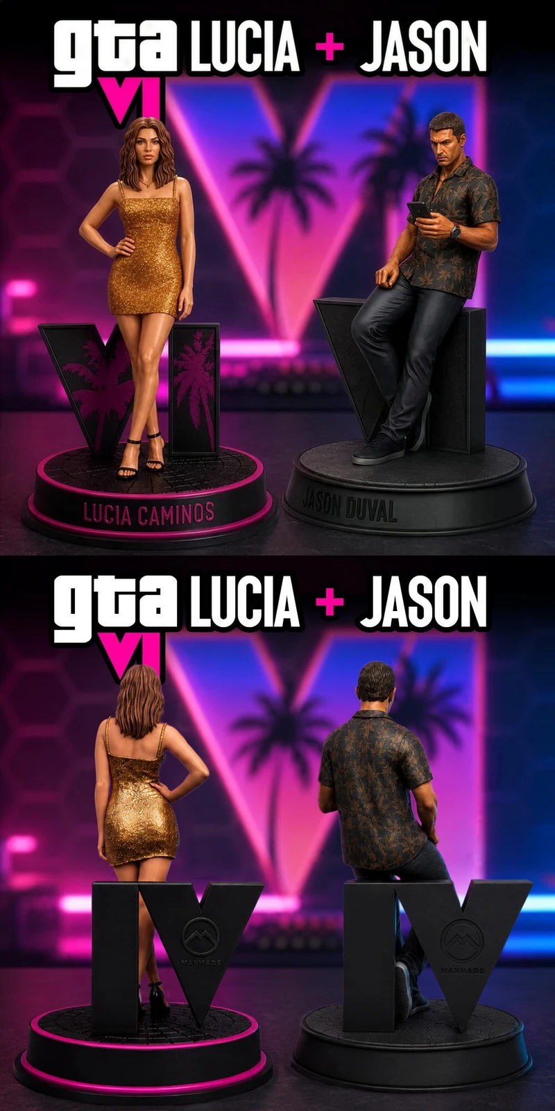 Lucia and Jason GTA VI character display models on separate round bases