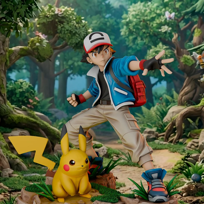Ash and Pikachu Pokémon 3D model in a dynamic forest pose