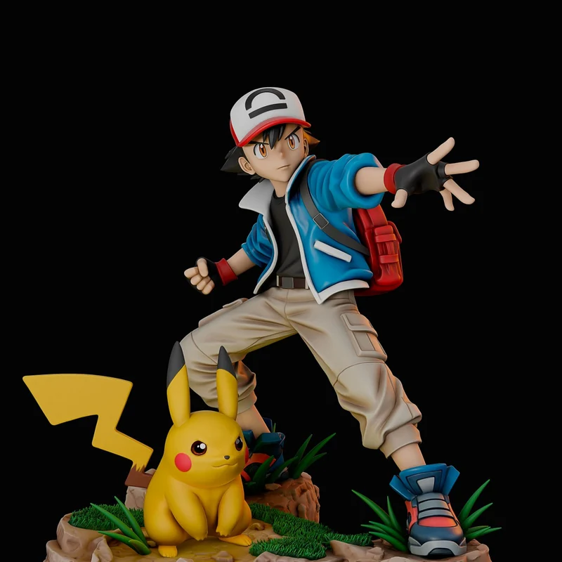 Ash and Pikachu Pokémon 3D model on a grassy display base