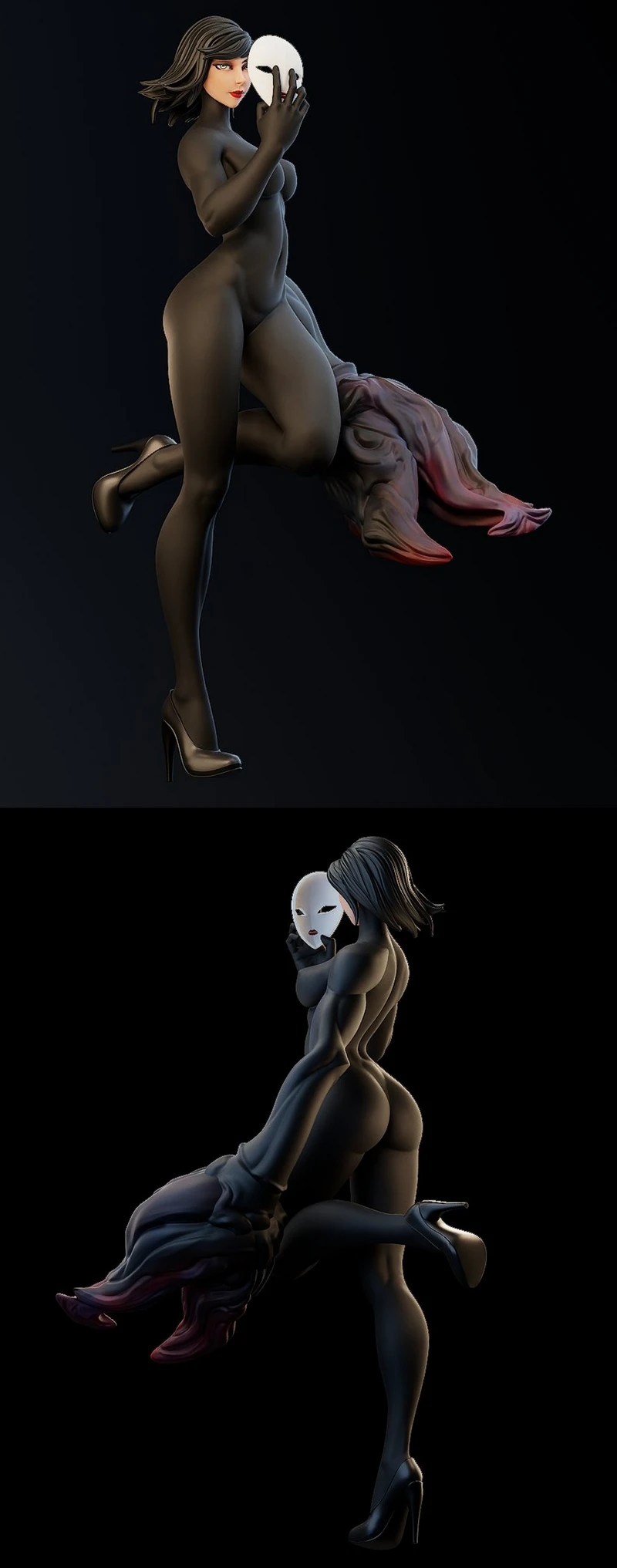 Ashi from Samurai Jack holding a pale mask in a dynamic figure pose