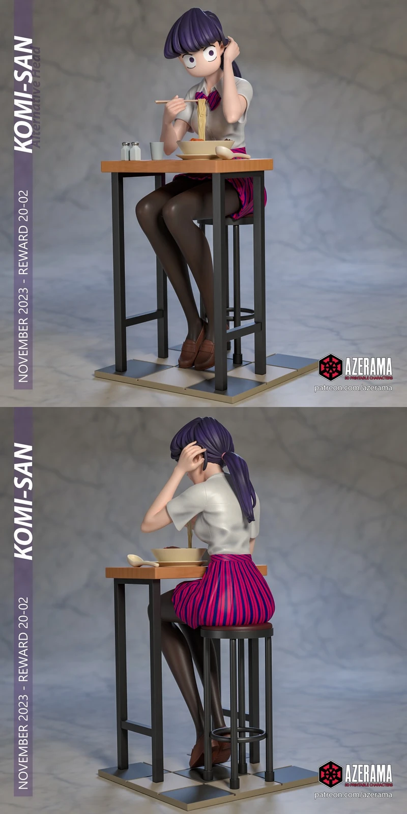 Komi from Komi Can't Communicate seated at a school desk with chopsticks and a bowl