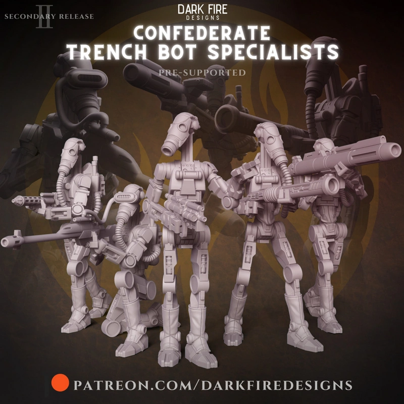 Group of B-1 Mimban trench specialist battle droid 3D models with blasters