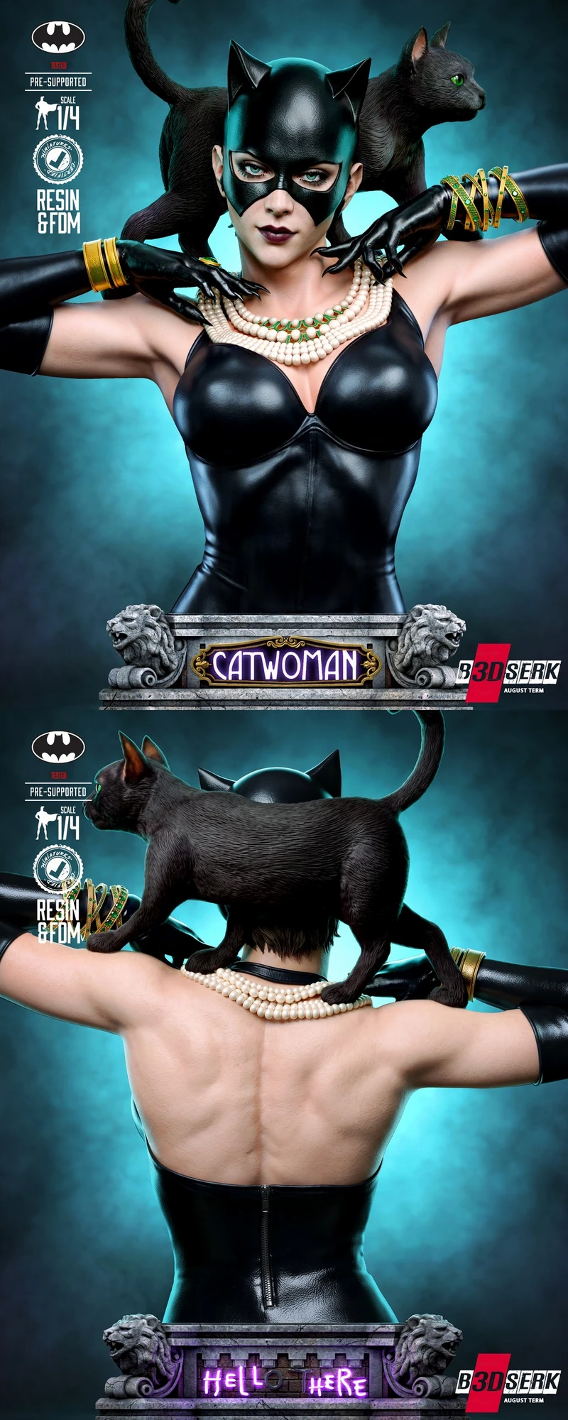 Catwoman bust in a black mask and costume with pearl necklaces and black cats