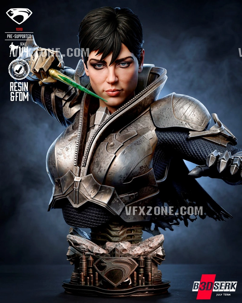 Faora-Ul DC Comics bust in armor with a Superman shield base
