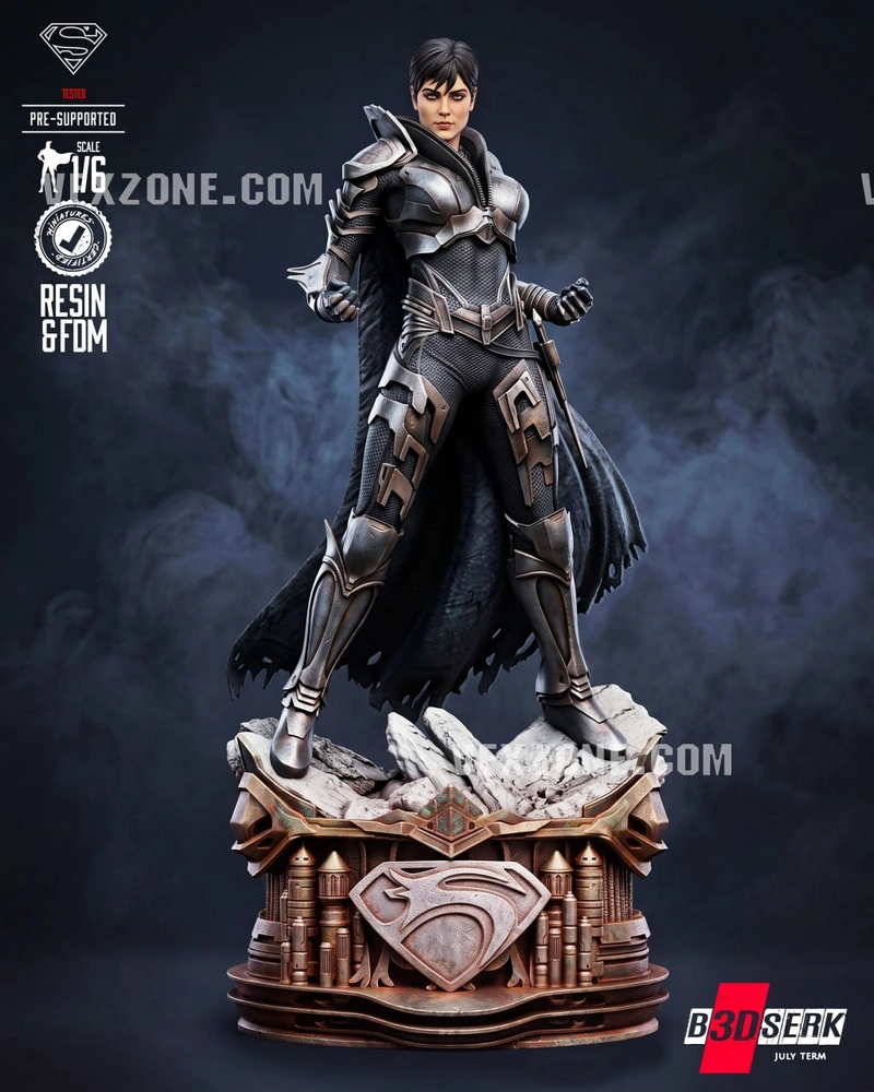 Faora-Ul armored DC Comics sculpture on a Superman emblem display base