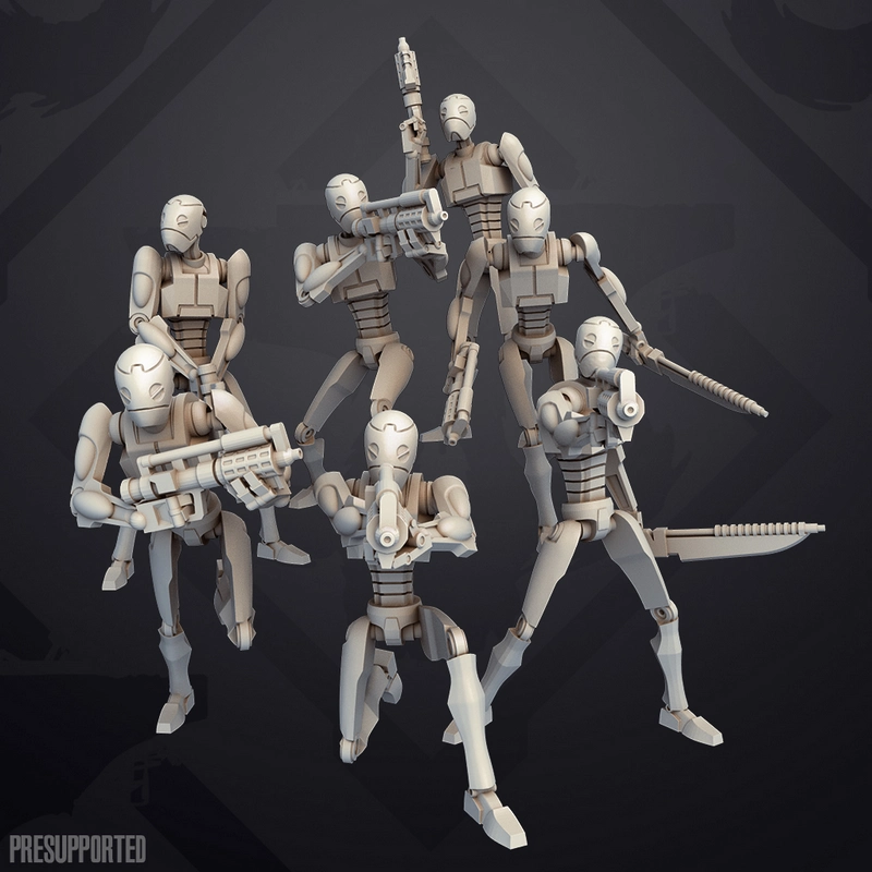 Six BX-Series droid commandos with rifles in varied action poses