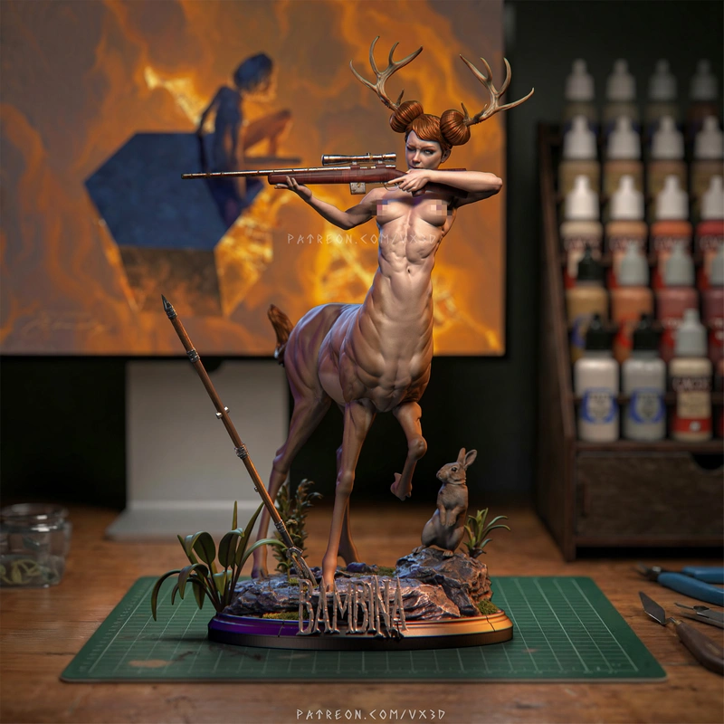 Bambina fantasy centaur figurine with antlers, rifle, rabbit, and rocky base