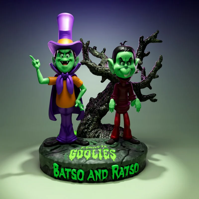 Batso and Ratso green character diorama with a purple hat and twisted tree