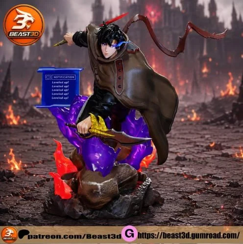 Sung Jinwoo Solo Leveling 3D model with cape, weapon, rocky base, and shadow effects
