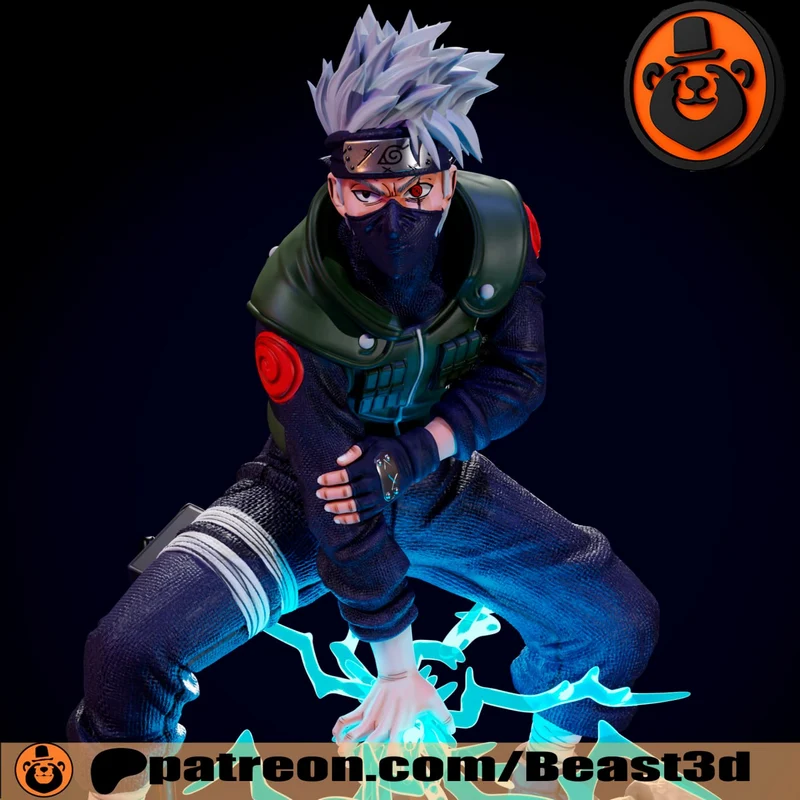 Kakashi Hatake Naruto 3D statue in a crouched pose with lightning effects