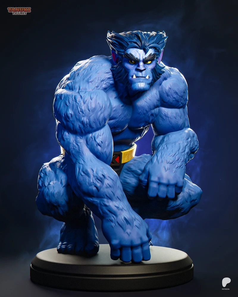 Blue-furred Beast from X-Men crouching on a round display pedestal