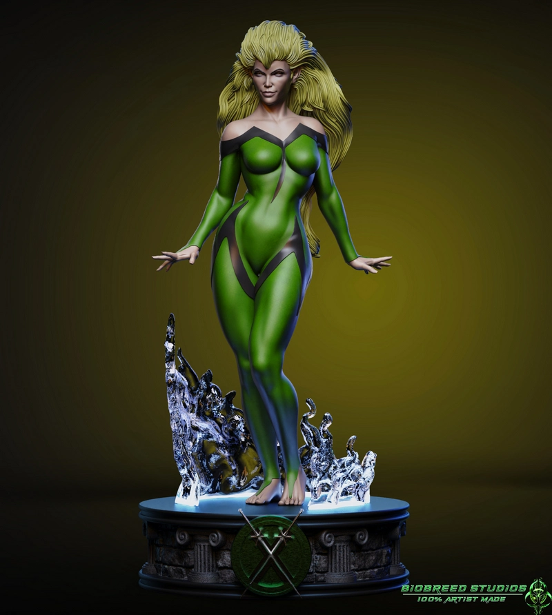 Meggan Marvel character statue in a green costume on a detailed display pedestal