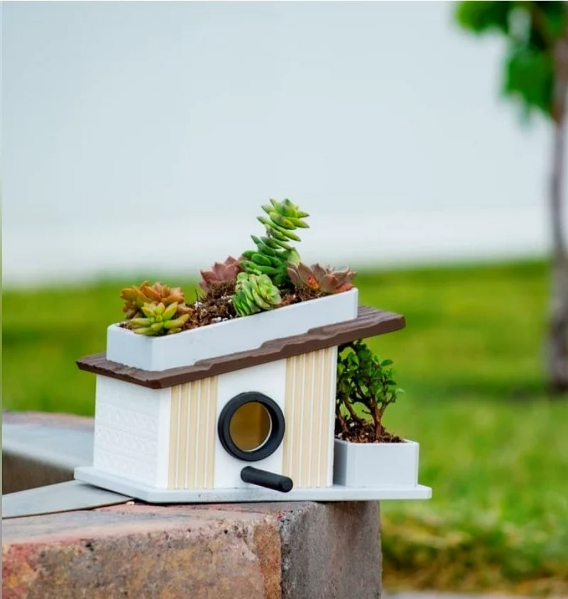 Modern white birdhouse with roof and side succulent planters