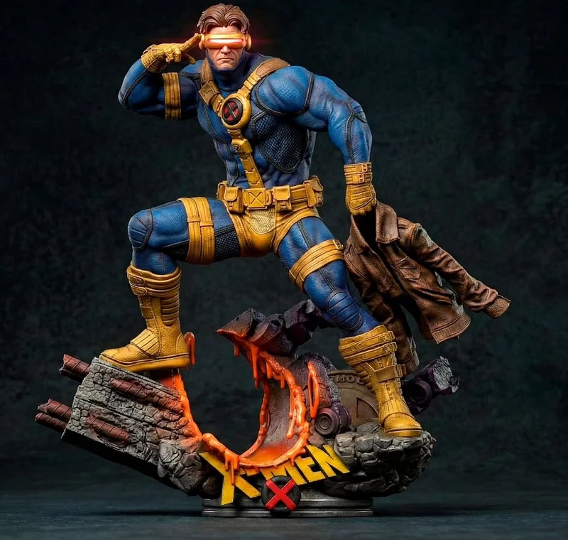 Cyclops in a blue-and-yellow X-Men suit on a rocky energy-effect base