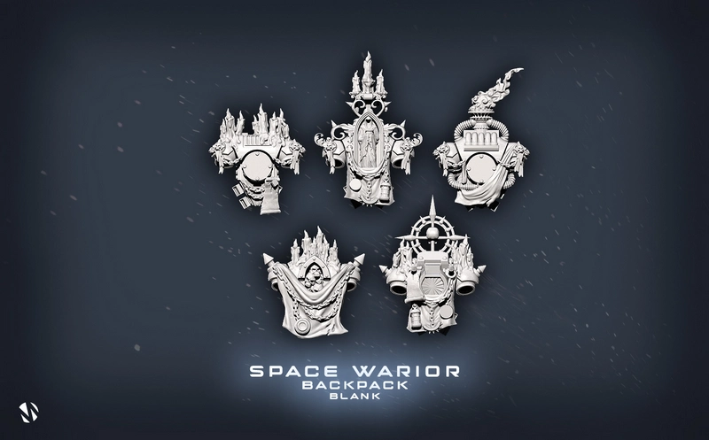 Five ornate Black Templar backpack and power-pack designs
