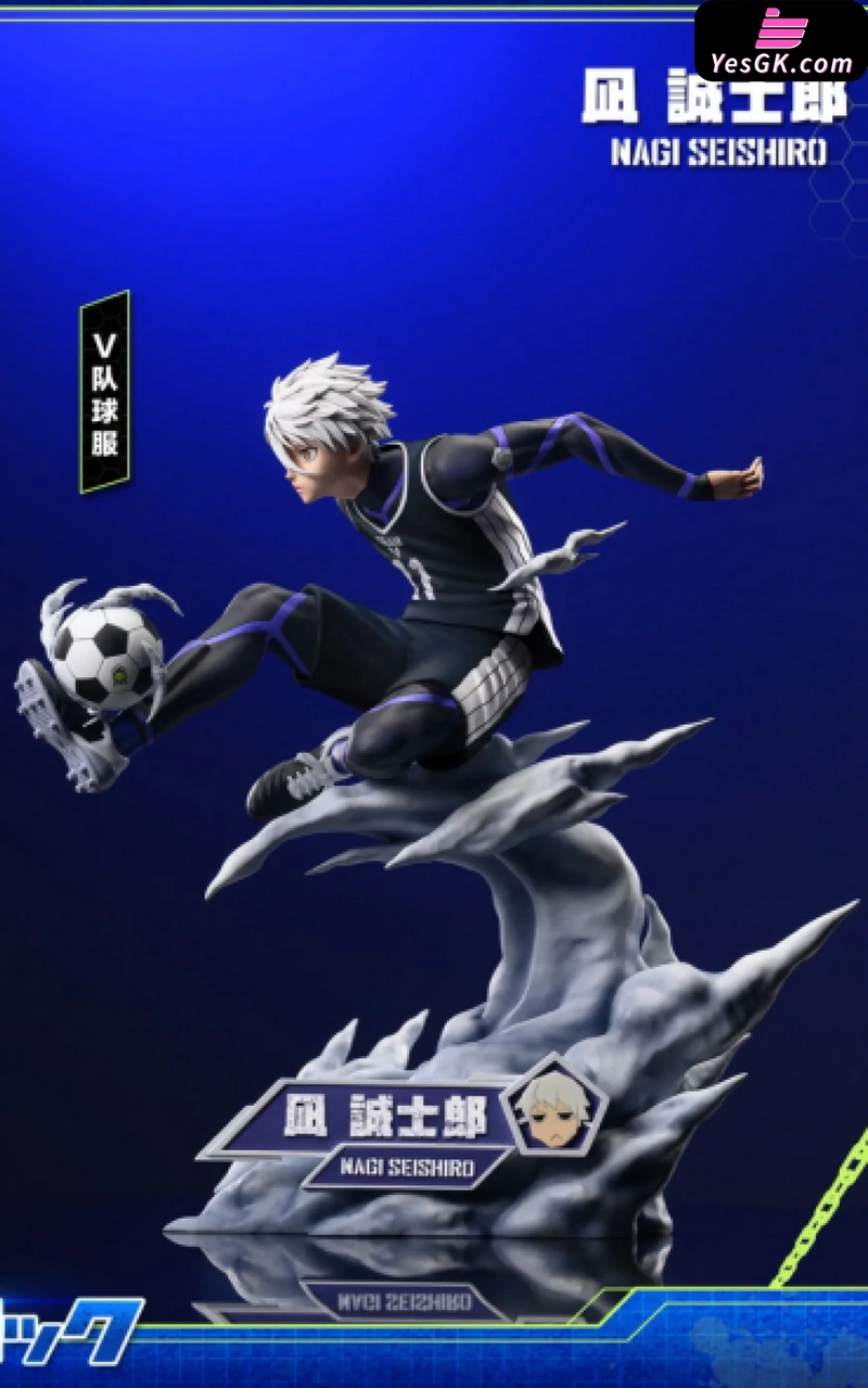 Seishiro Nagi from Blue Lock kicking a soccer ball above a sculpted wave-like base