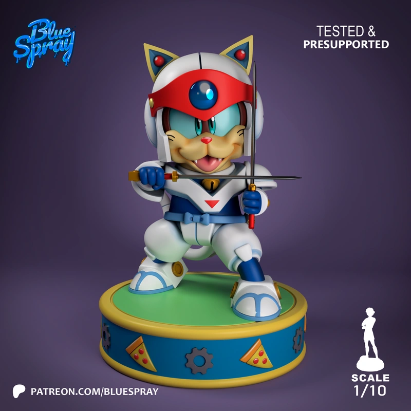 Yattarou cat samurai from Samurai Pizza Cats holding a sword on a pizza-themed display base