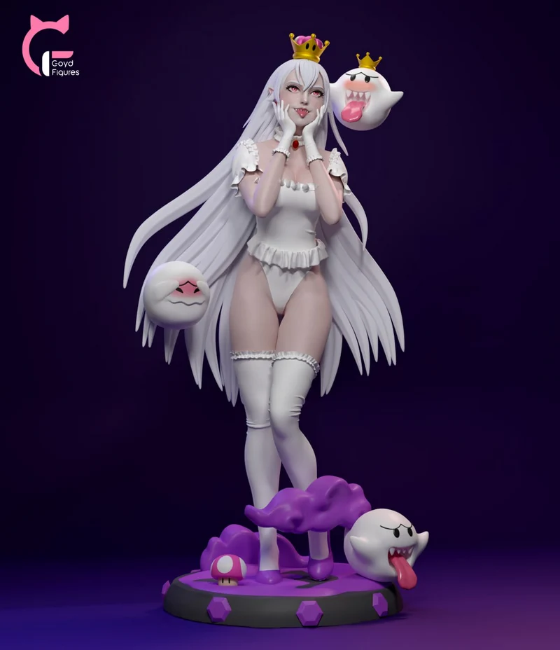 Boosette Super Mario statue with Boo ghosts, crown, long white hair, and display base