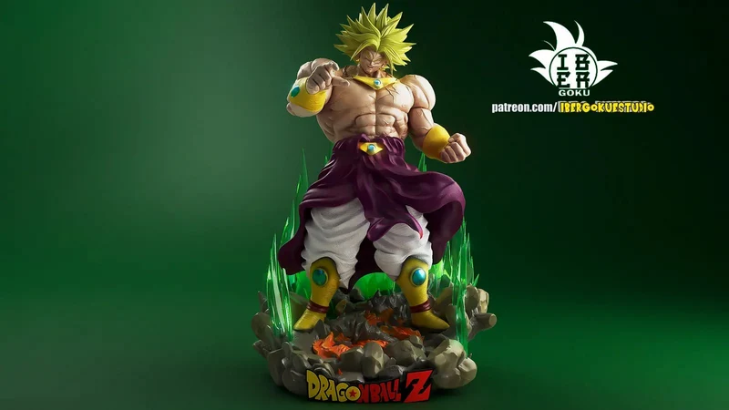 Broly Dragon Ball 3D model statue with green energy effects and rocky base