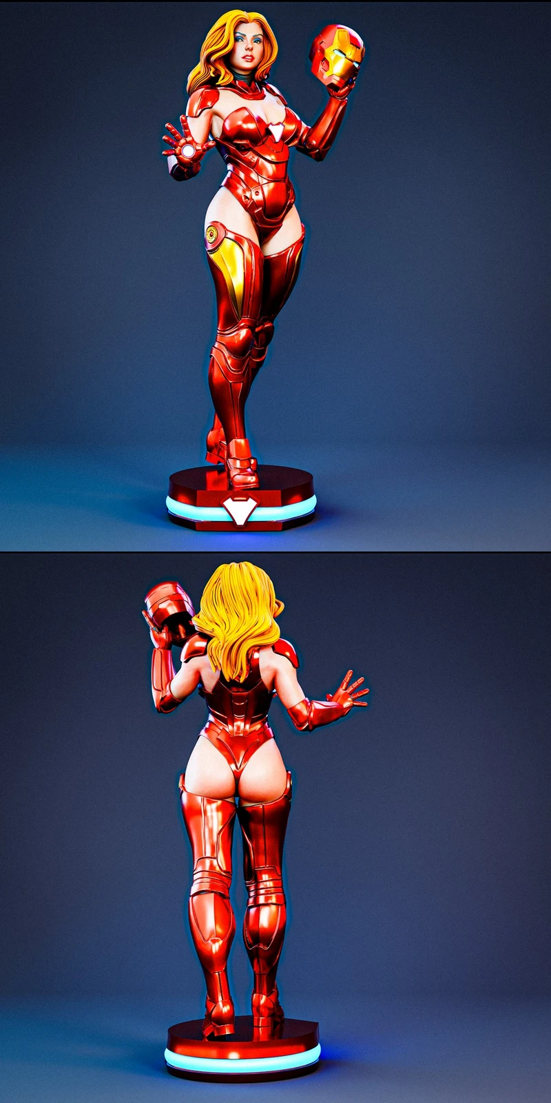 Pepper Potts in red-and-gold armor holding an Iron Man helmet