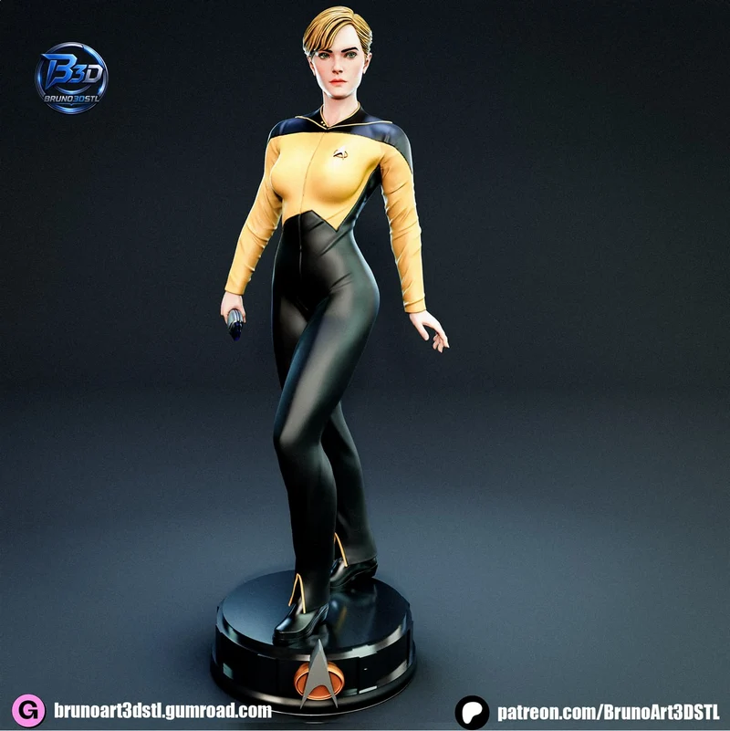 Tasha Yar Star Trek statue in a gold-and-black Starfleet uniform