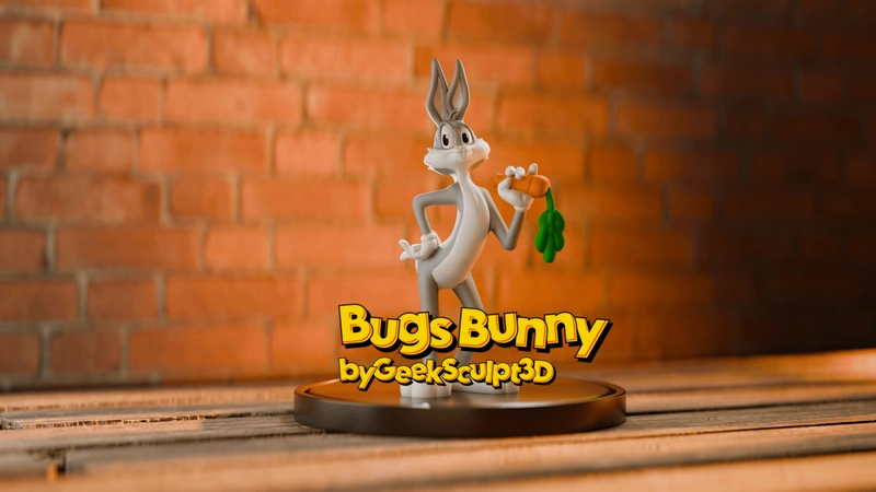 Bugs Bunny Looney Tunes 3D figurine holding a leafy carrot bunch on a round base