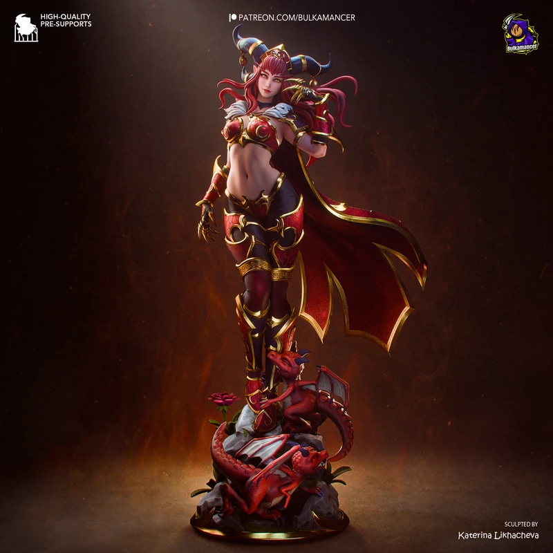Alexstrasza World of Warcraft statue in red-and-gold armor above a small red dragon